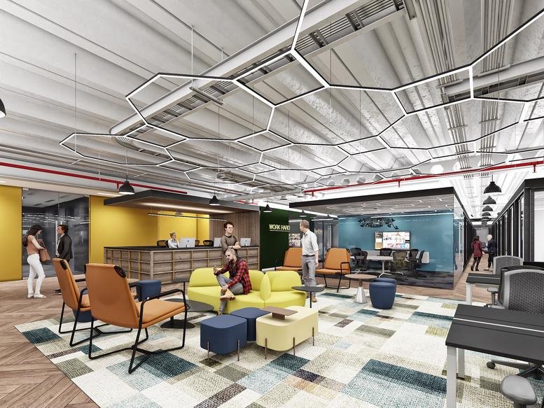 Modern lobby at Boulevard Pedro Infante 3000 with hexagonal ceiling lights and vibrant yellow lounge seating.