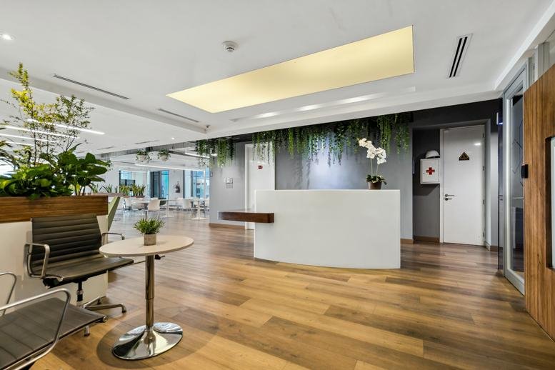 Spacious reception area with wooden floors, white desk, and hanging greenery.