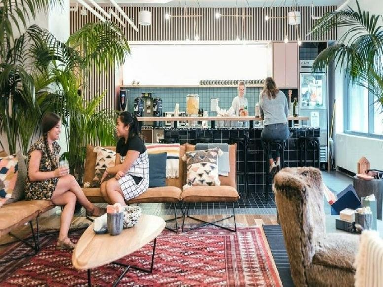 Spacious communal lounge at Escazu Village, Calle 118B, San Jose with vibrant rugs and lush indoor plants.