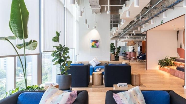 Spacious sunlit lounge area at Insurgentes Sur 1079, Colonia Noche Buena, Mexico City with blue sofas and tall plants.