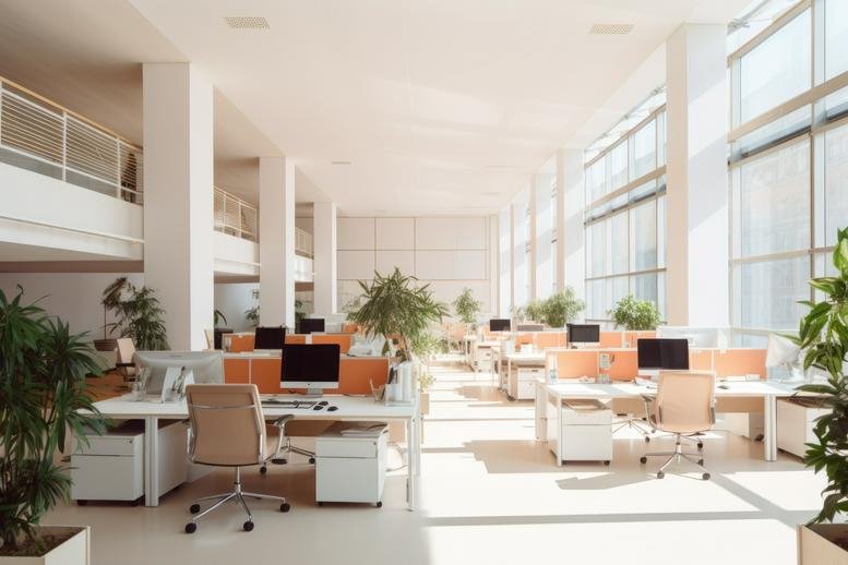Spacious coworking area at Jackson Square, 595 Pacific Avenue, Floor 4, featuring warm light and potted plants.
