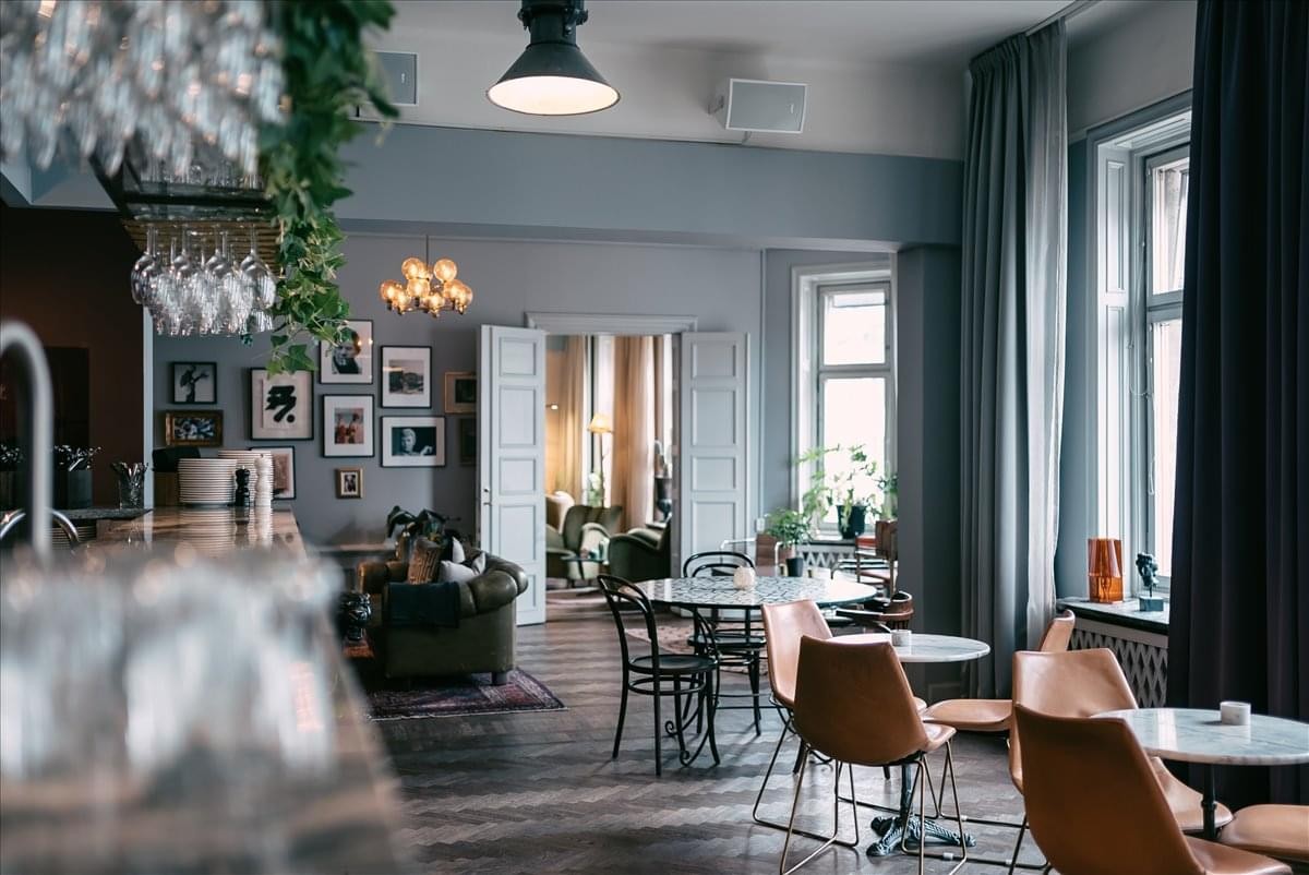 Spacious communal lounge at Jose de Iturrigaray 105 with stylish seating, natural light, and lush hanging plants.