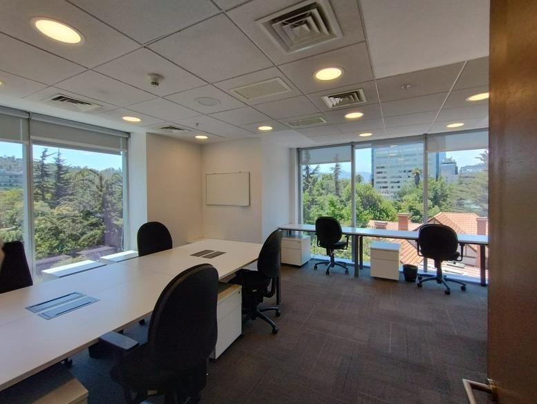 Bright, spacious communal office with a long table, green views from large windows, and plants.
