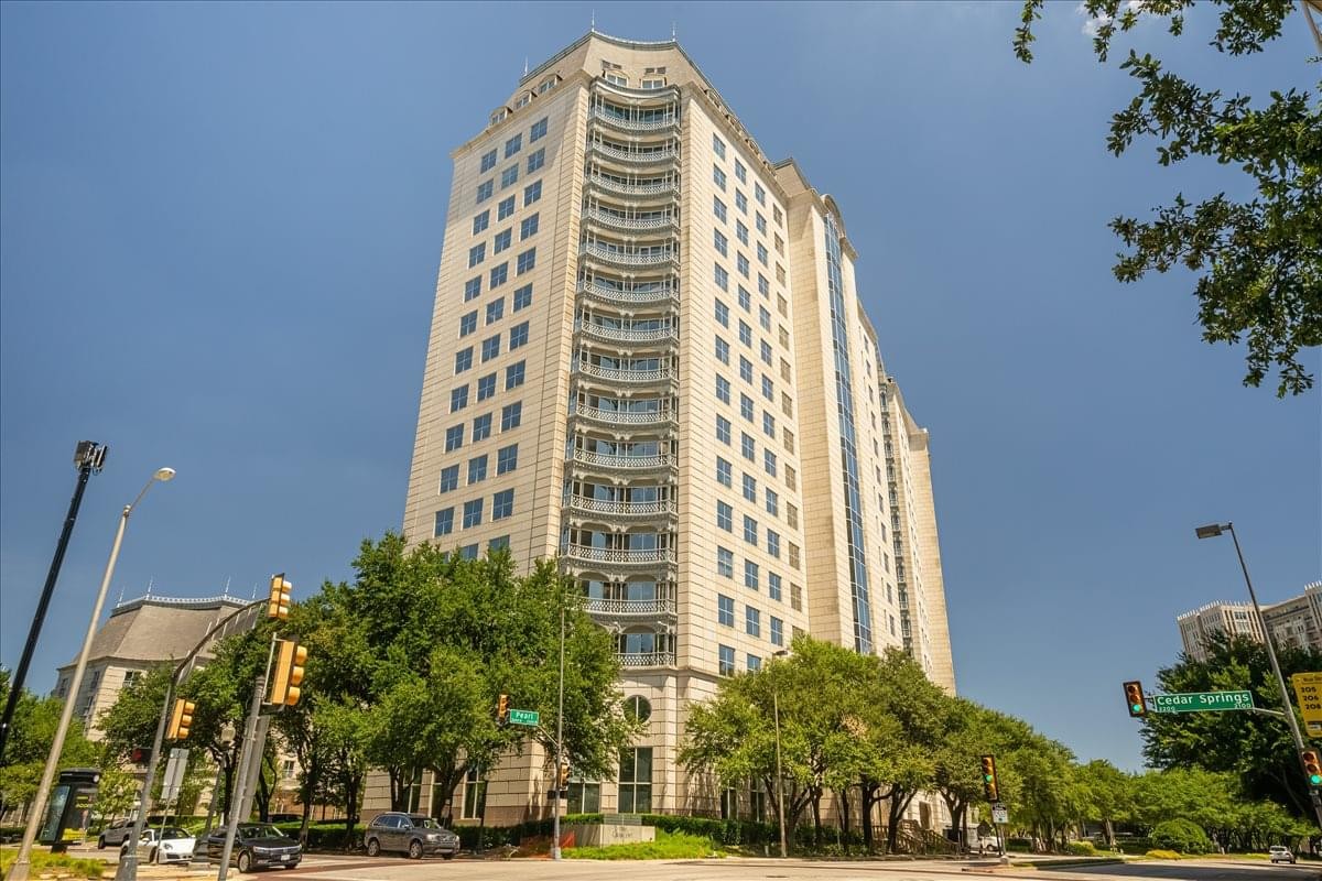 Exterior view of the ornate stone facade of 100 Crescent Court, The Crescent.