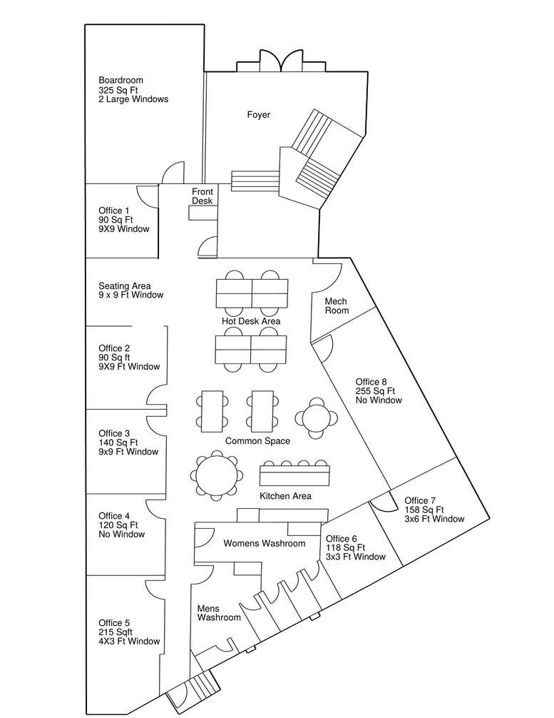 Detailed floor plan showing various office suites, common space, boardroom, and kitchen area.