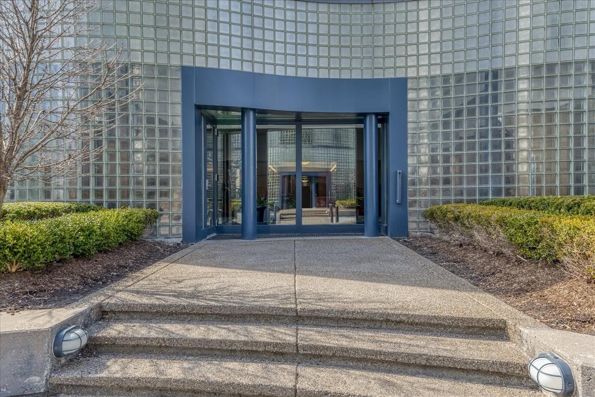 Exterior entrance with glass block walls at the Liberty Center.