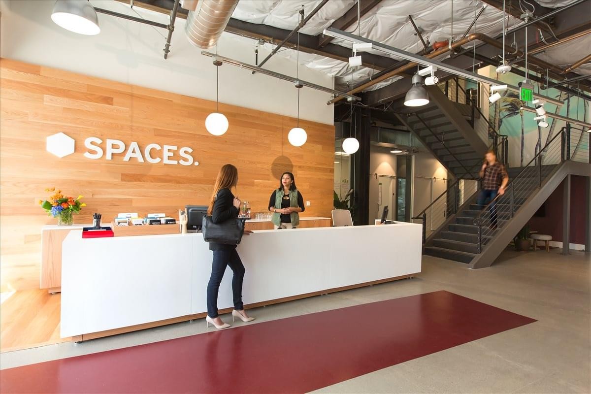 Bright reception area at 101 Jefferson Drive with a white front desk and wood-paneled walls.
