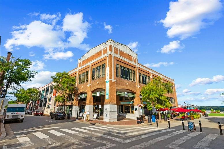 Corner view of the historic brick exterior at Torpedo Factory Office Suites.