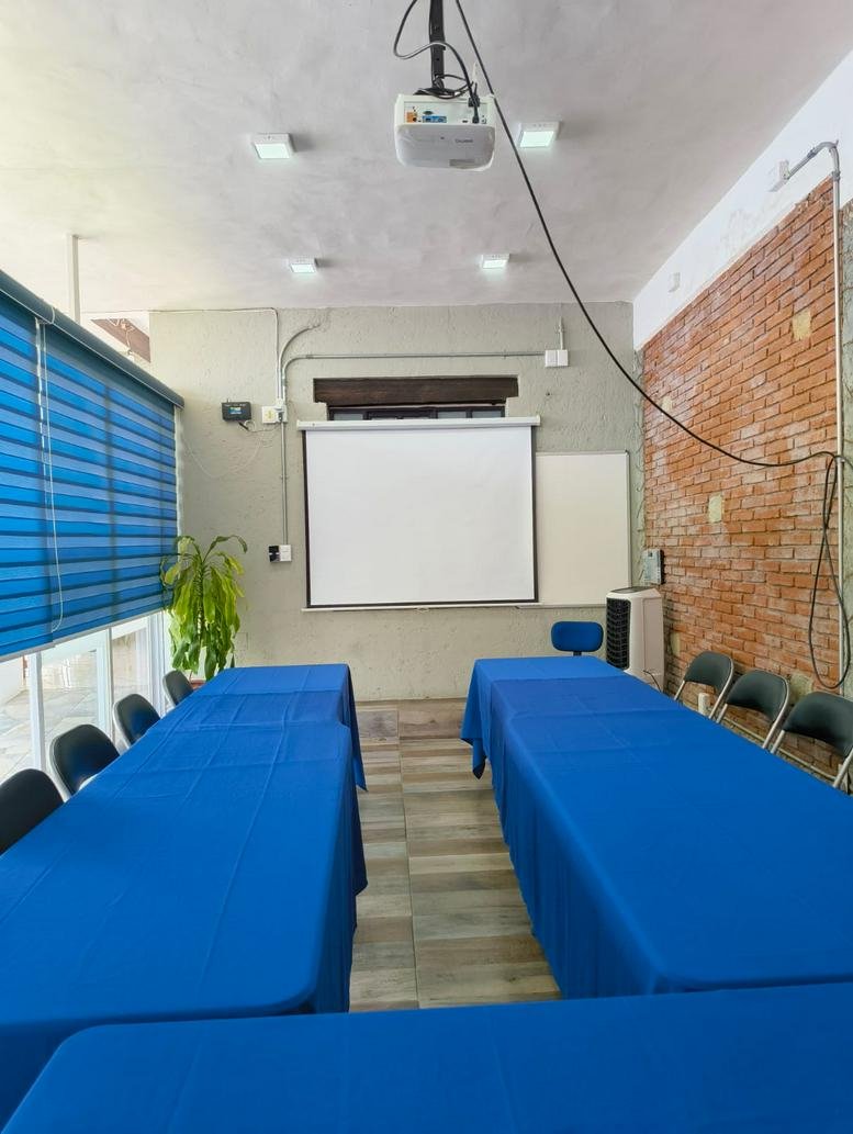 Meeting room at AGBHUB with blue tables, a projector screen, and a natural brick accent wall.