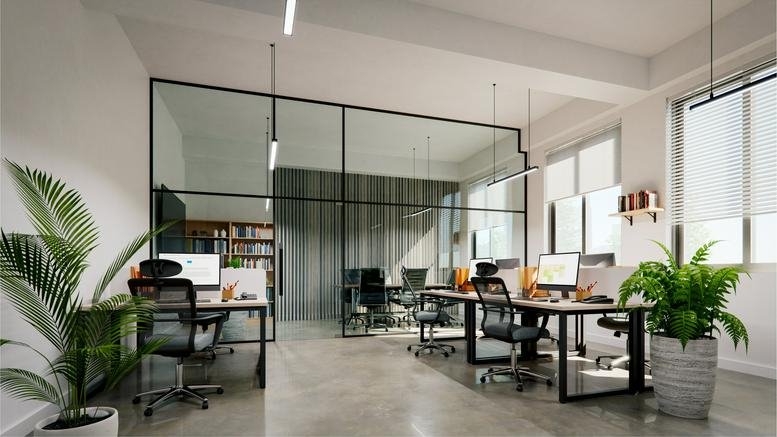 Modern open-plan office at 111 C St, Encinitas, CA, California with glass partitions and indoor plants.
