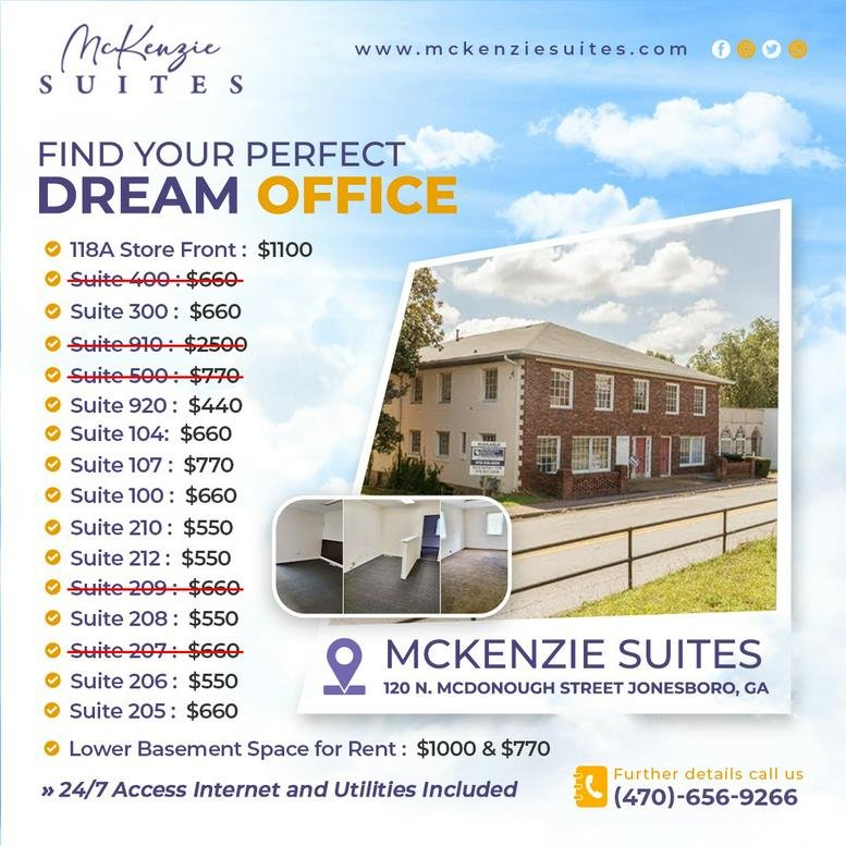 Flyer for McKenzie Suites showing an exterior view of the brick building with available suite pricing.