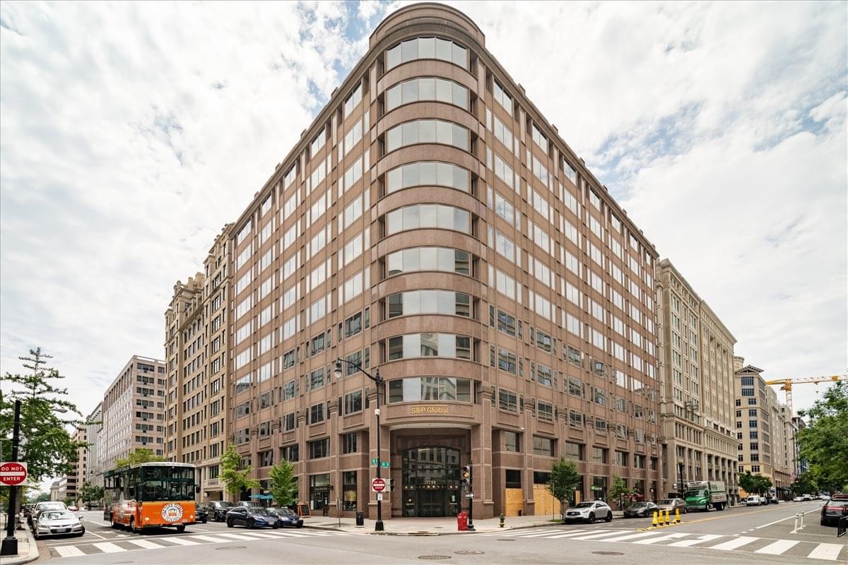 Exterior view of the curved corner facade at the G Street Center.
