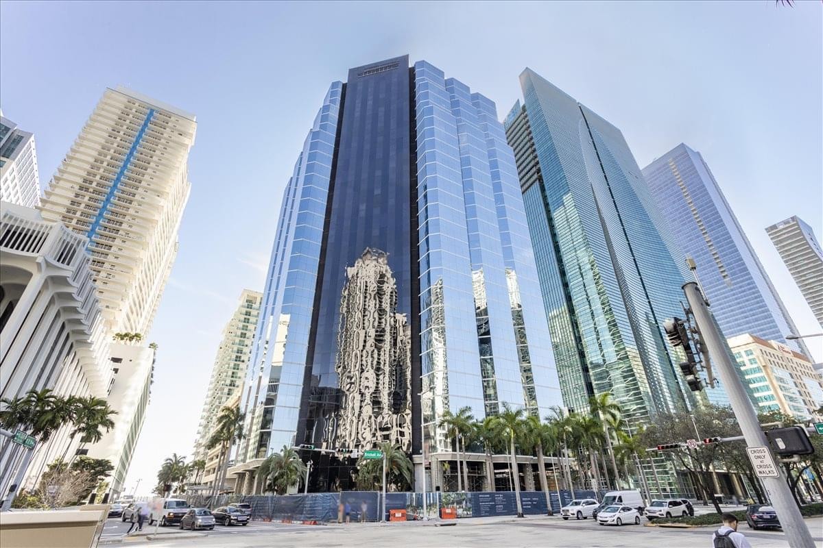 Exterior view of the soaring glass facade at 1221 Brickell Avenue.
