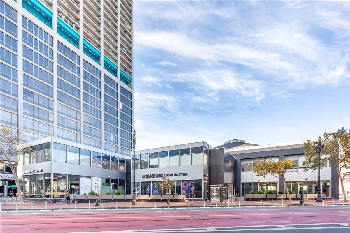 Exterior view of the multi-story glass and concrete building at Fox Plaza, Suite 200.