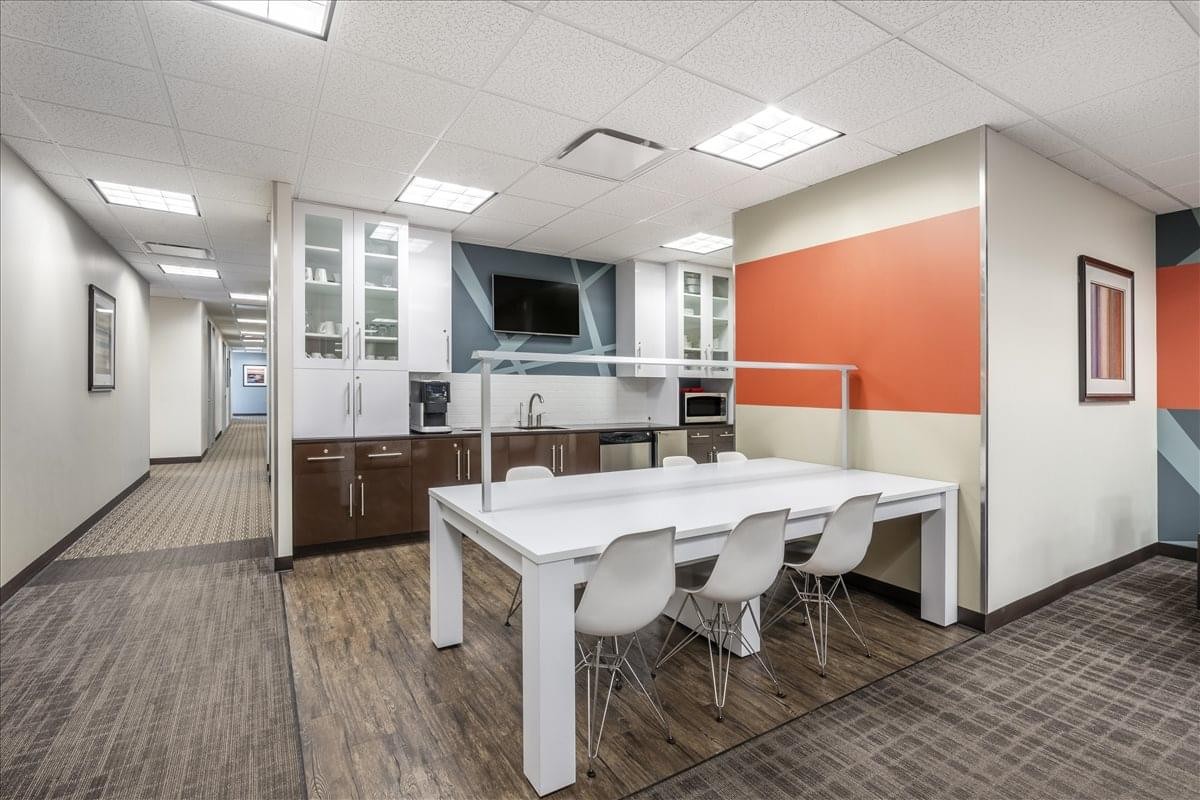 Communal kitchen and breakout area at 1431 Opus Place, Suite 110, Downers Grove.