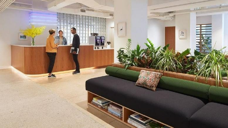 Reception and lobby area at 1450 Broadway featuring a wooden front desk, lush indoor plants, and a modern black sofa.