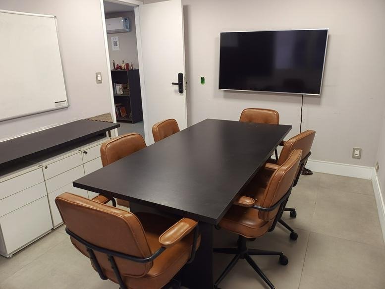 Professional meeting room at 1471, Avenida Paulista, Suite 812 with a dark table and tan leather chairs.