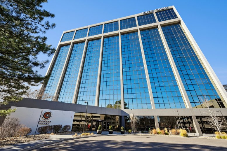 Exterior view of the glass-facade 1777 South Harrison Street building in Denver.