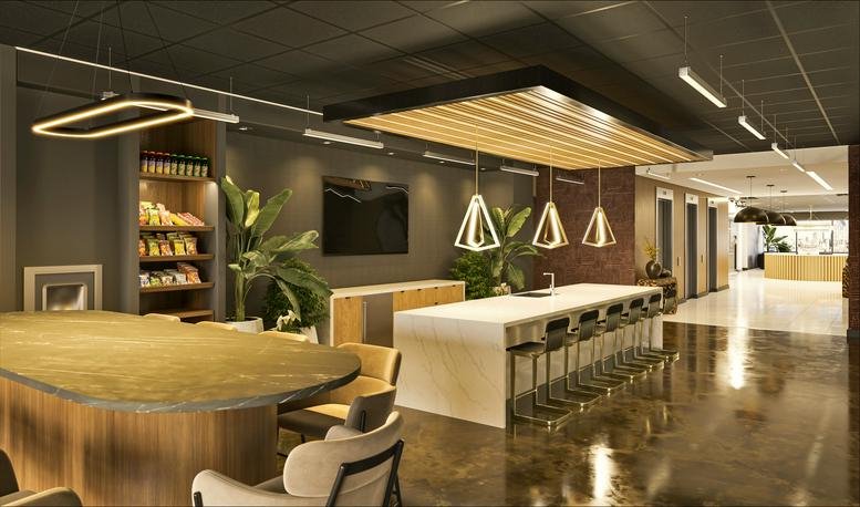 Modern coworking space at 1801 West End Avenue featuring a large kitchen island and designer lighting.