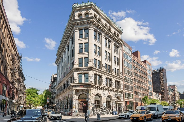 Exterior view of the historic Beaux-Arts building Industrious at 190 Bowery, 2nd Floor, Manhattan, New York City.