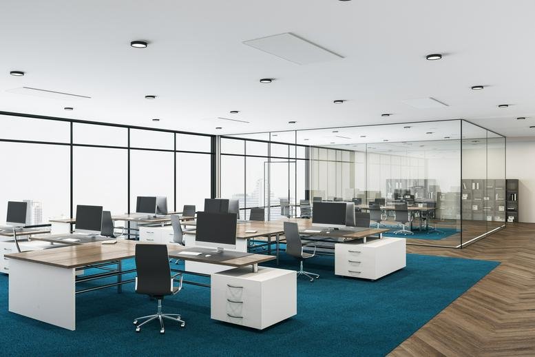 Spacious open-plan workspace at 1946 Tyler Street, Hollywood (FL), Florida with teal carpets and floor-to-ceiling windows.