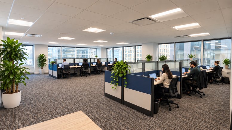 Spacious open-plan office at 20 North Clark Street with blue-accented cubicles and city views.
