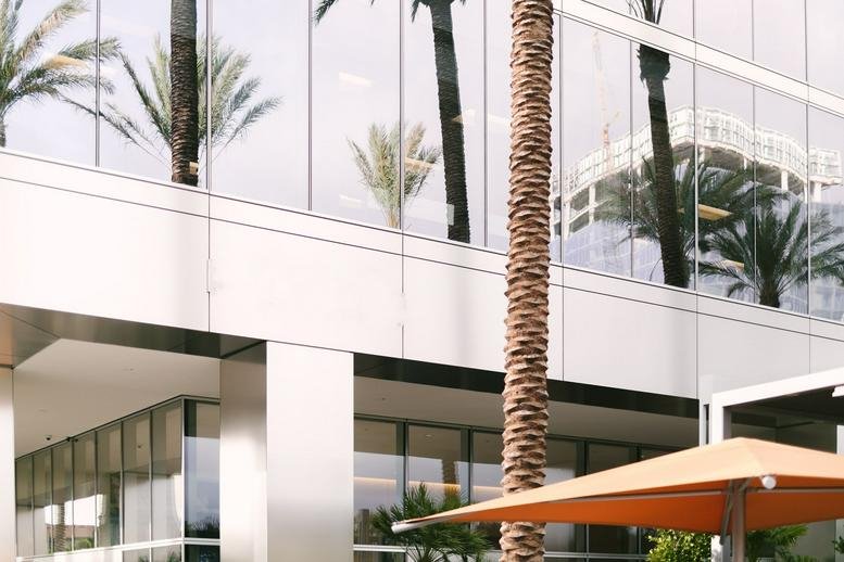 Exterior view of the modern glass facade of 200 Spectrum Centre Drive with palm tree reflections.