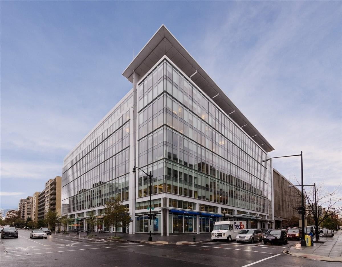 Exterior view of the modern glass-facade building at 2101 L Street NW.