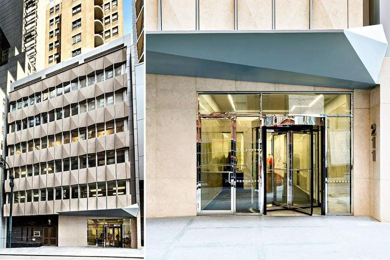 Exterior entrance and multi-story facade of 211 East 43rd Street with modern geometric awning.
