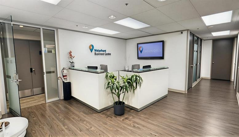Reception area at Waterfront Business Centre with a white front desk, green plant, and wall-mounted TV.