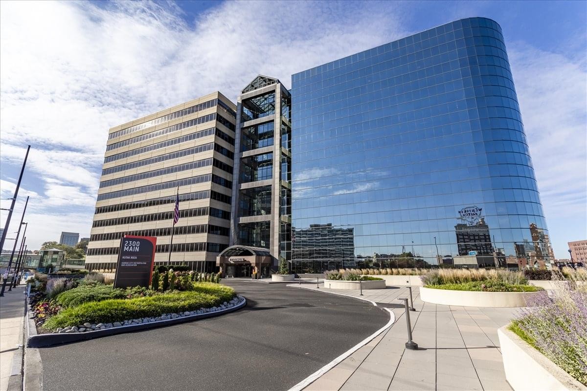 Exterior view of the contemporary glass and stone buildings at 2300 Main Street, 2 Pershing Square.