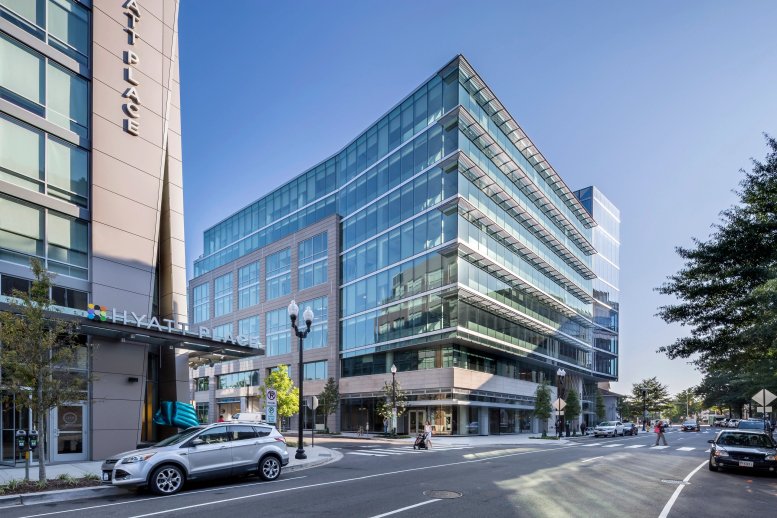 Exterior view of the modern glass facade at Industrious at Court House, 2311 Wilson Boulevard.