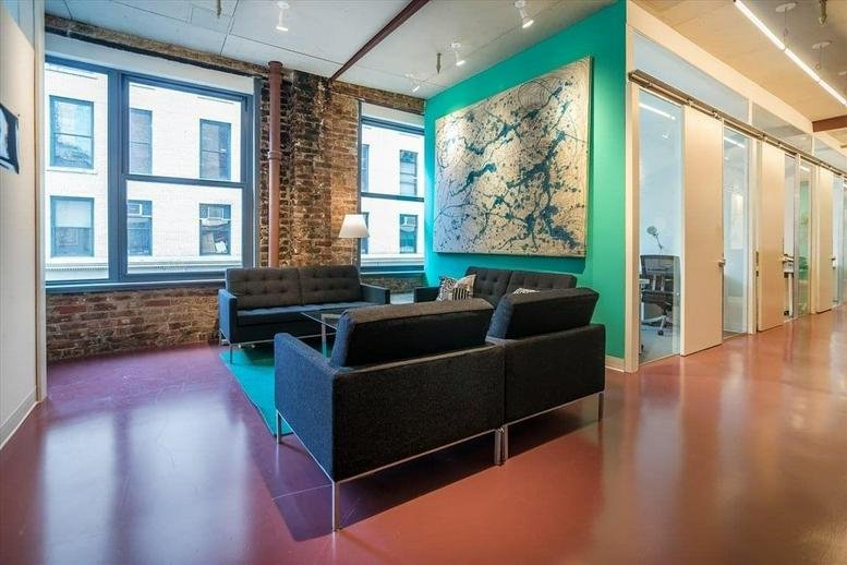 Lounge area at 234 5th Avenue, 2nd Floor, with black sofas, a teal rug, and abstract wall art.