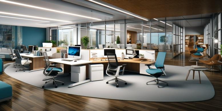 Spacious, modern open-plan office with blue accents and desk clusters.