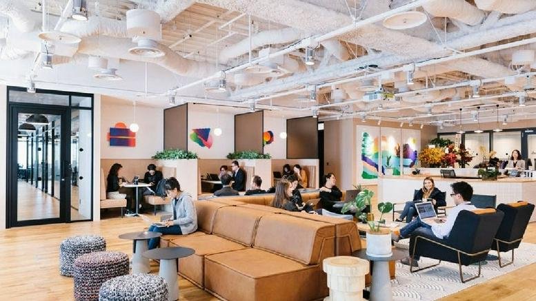 Communal lounge area with modern seating and plants.