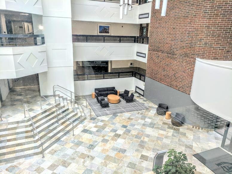Spacious multi-story atrium lobby at 25 Braintree Hill Office Park, Suite 200, Braintree, Massachusetts.