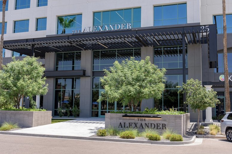 Exterior view of the modern office entrance at 25 S Arizona Place with a shaded trellis.