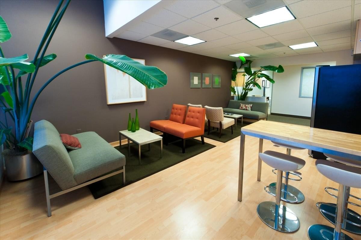 Communal lounge with colorful seating, wooden floors, and indoor plants.
