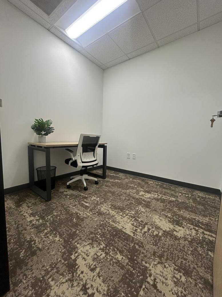 Compact private office at 2700 Cumberland Pkwy SE with a modern desk and potted plant.