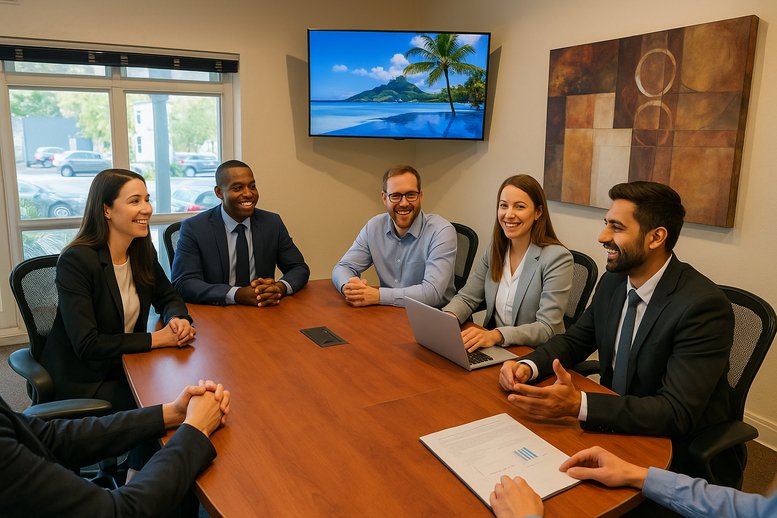 A diverse group of professionals in a meeting at 2740 Fulton Avenue, Arden Arcade, Sacramento.