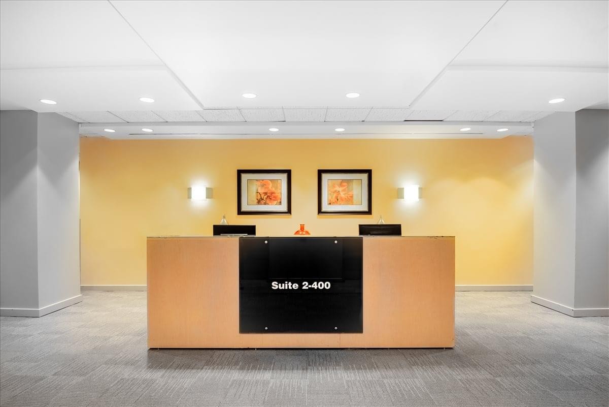 Modern reception area at 275 Grove Street, Riverside Center, Suite 2-400.