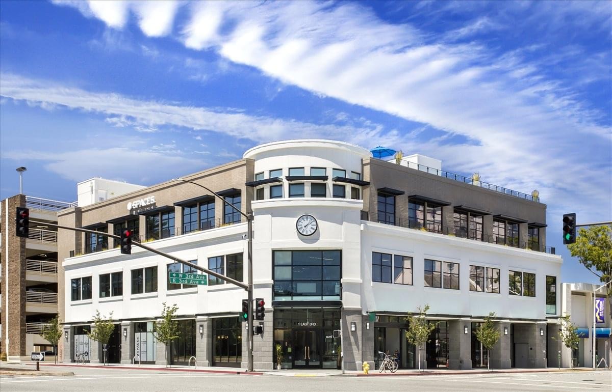 Exterior view of the white and grey building facade at 3 East Third Avenue, San Mateo, California.