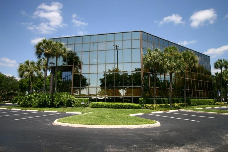 Exterior view of the glass-facade 300 South Pine Island Road office building surrounded by palm trees.
