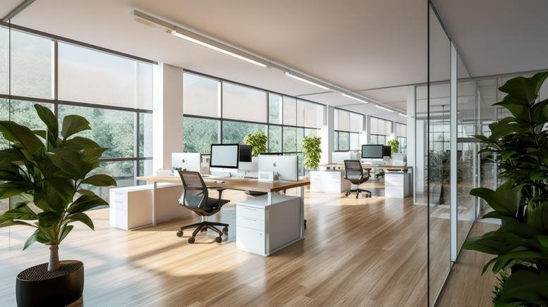 Bright, open-plan workspace at 3001 Bishop Drive, Bishop Ranch with wooden floors and large windows.