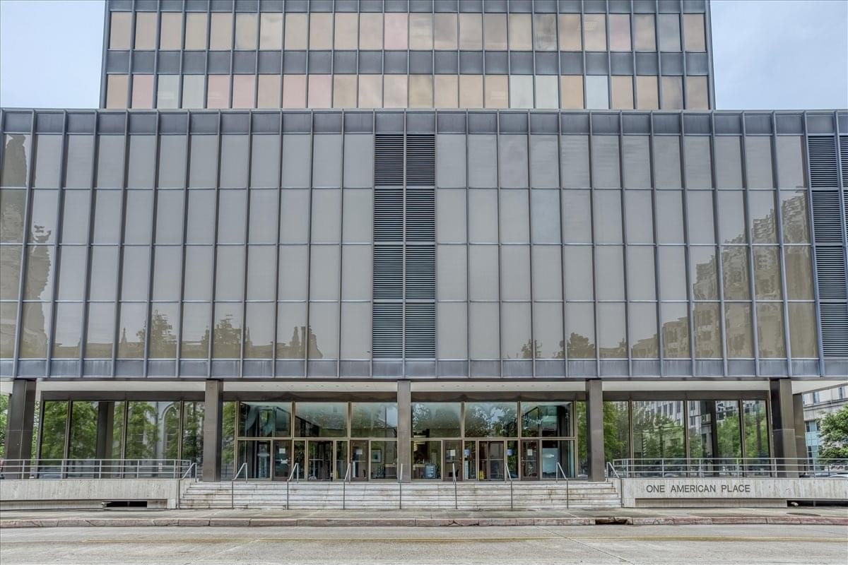 Symmetrical exterior view of the glass-facade 301 N. Main Street building.