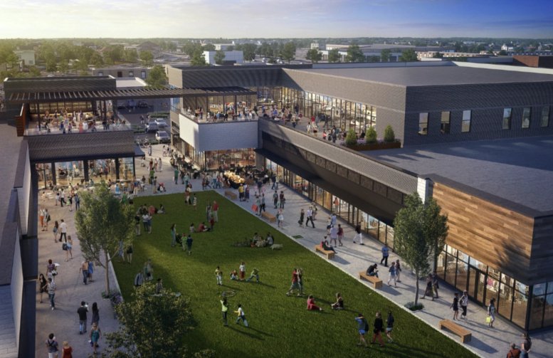 Aerial view of the modern brick facade at Amherst Commons, 3065 Sheridan Drive.