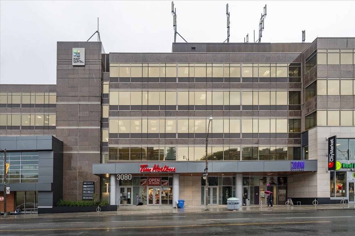 Exterior view of the Yonge & Lawrence Business Center building entrance and facade in Toronto.