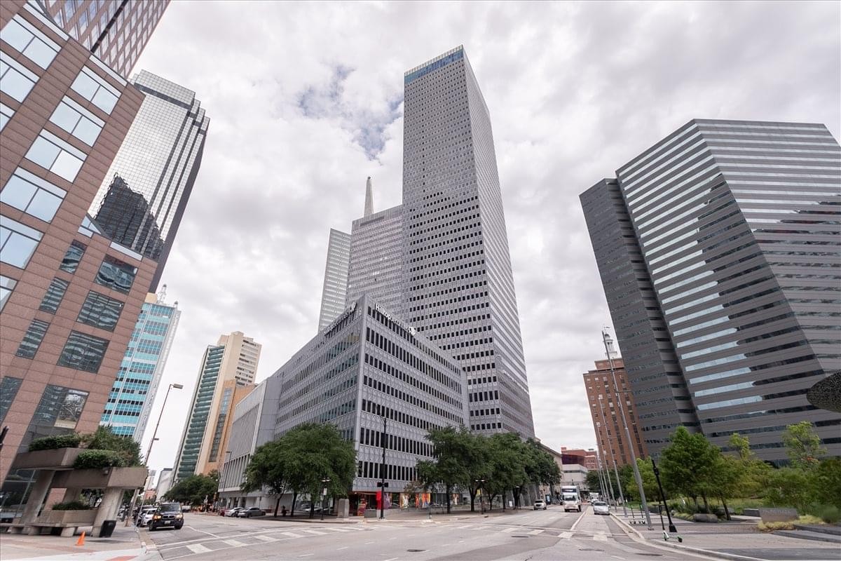 Exterior view of the soaring glass and stone facade at 325 N. St. Paul Street.