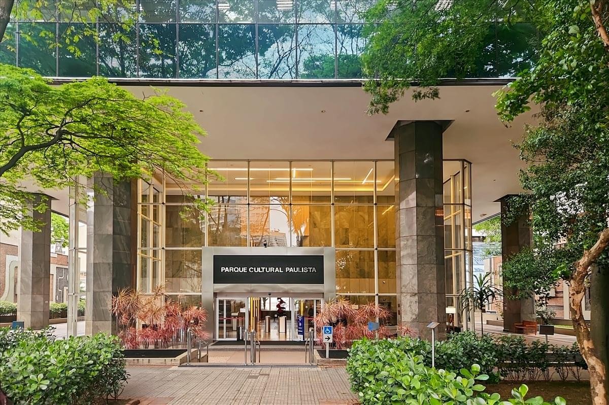 Glass entrance of the modern building at 37, Paulista Avenue, 4th Floor, Sao Paulo, Brazil.
