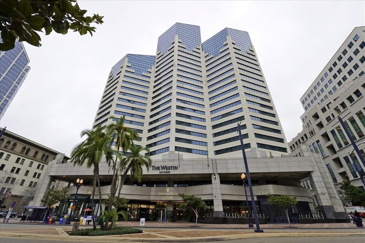 Exterior view of the iconic glass-fronted Emerald Plaza Center towers.